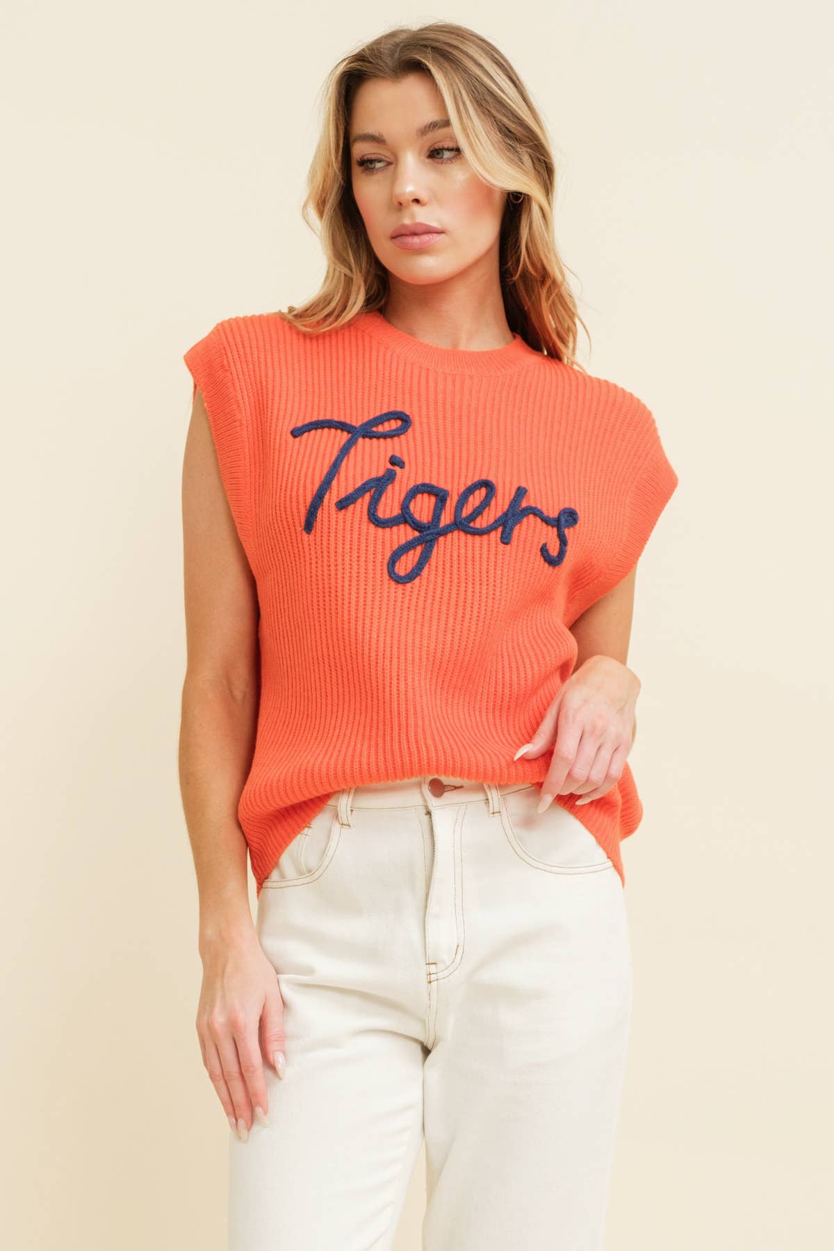 Tigers Embroidered Sleeveless Sweater Top