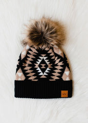 Black, White & Tan Tribal Pom Hat