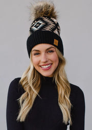 Black, White & Tan Tribal Pom Hat