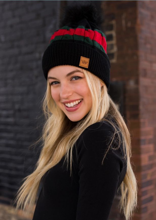 Black with Green & Red Stripe Pom Hat