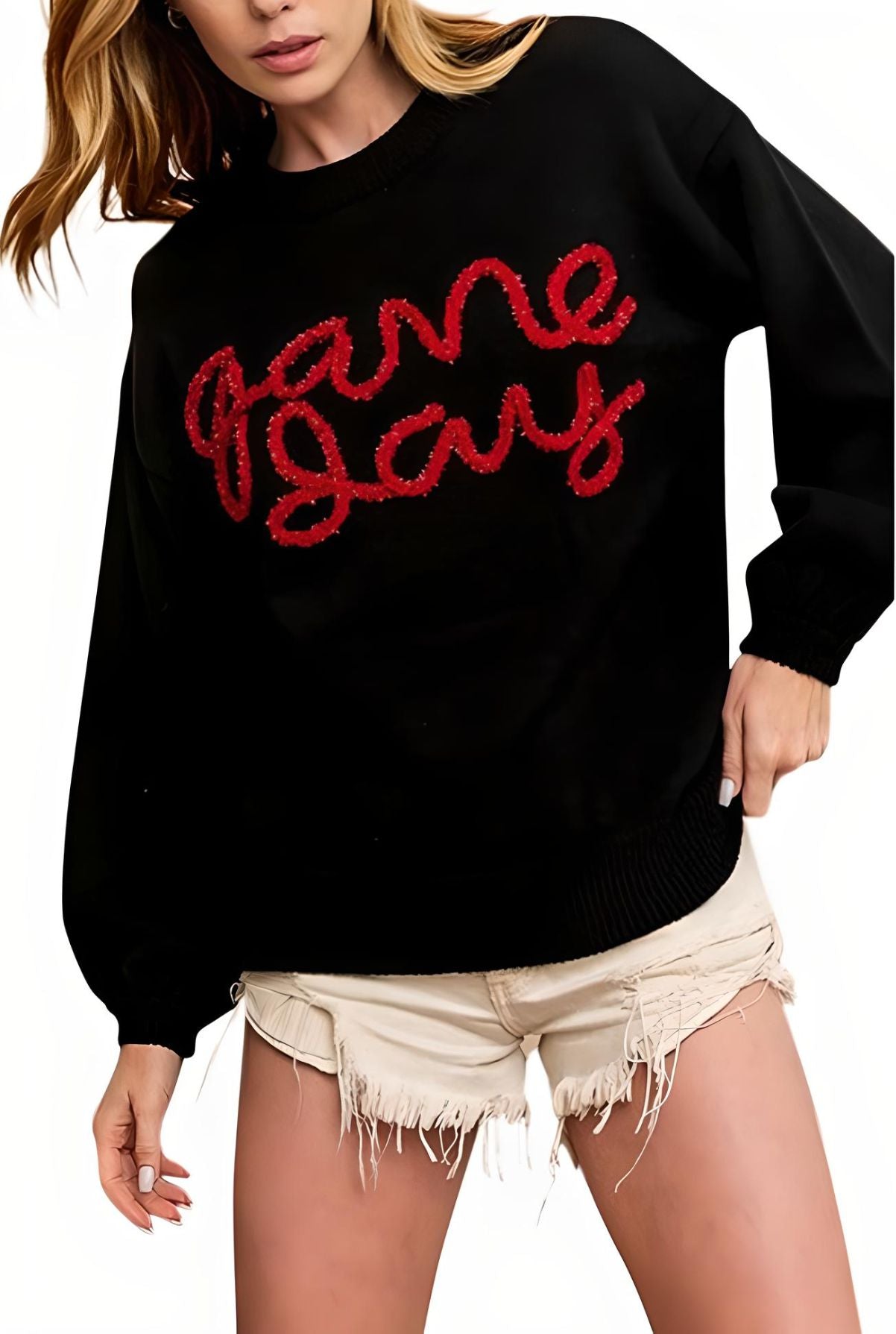 Game Day Metallic Letter Sweater