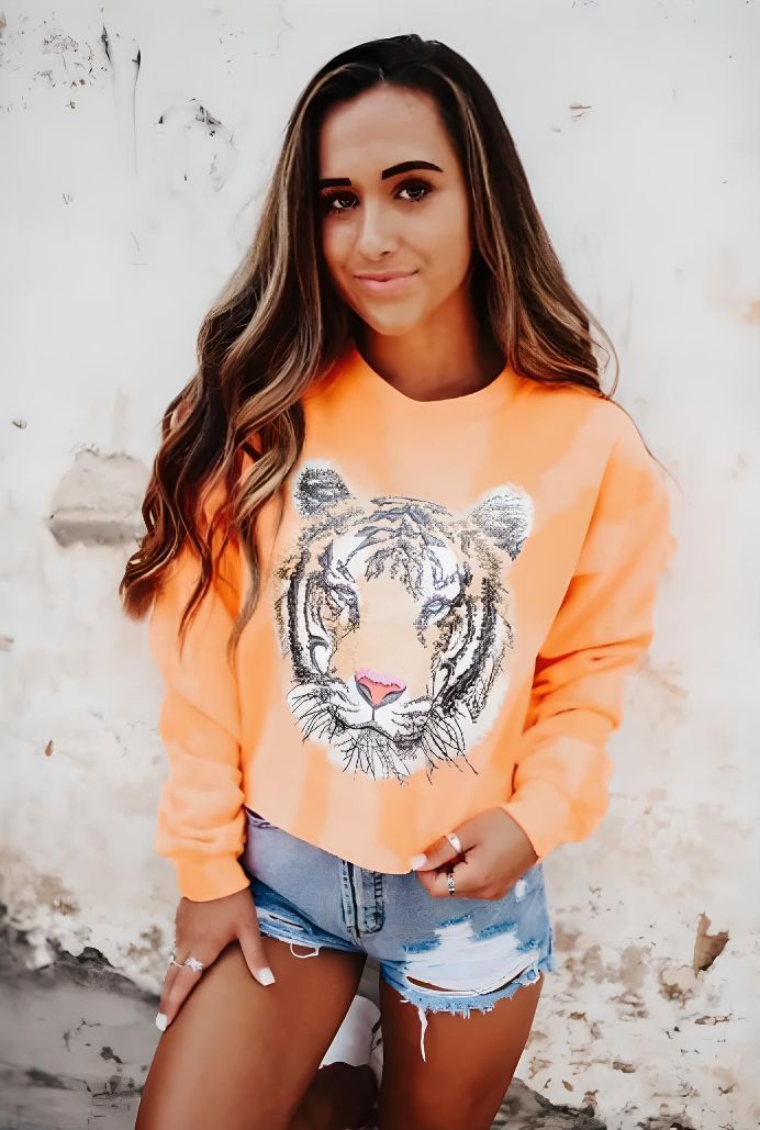 Neon Orange Tiger Crewneck Crop