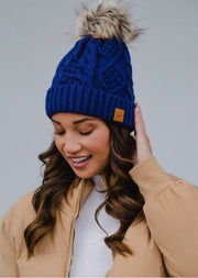 Royal Blue Cable Knit Pom Hat