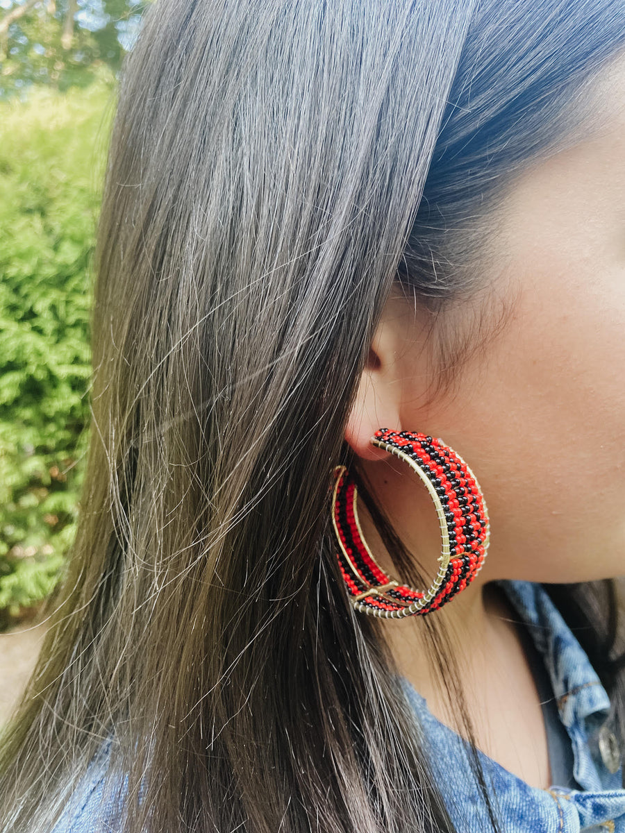 Seed Bead Hoops - Black/Red